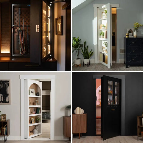Solid As A Rock Hidden Hinge Hardware Bundle With Slick Flush Mount Setup And No Hassle Bookcase Latch For DIY Secret Doors That Takes Three Hundred Pounds Like A Champ - various hidden door styles in home settings.