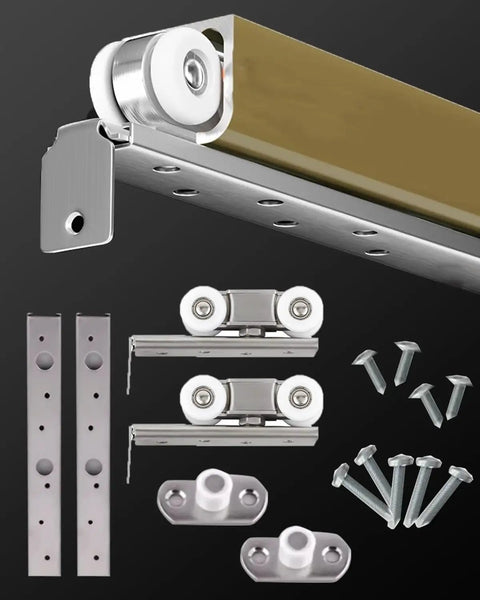 Champagne Gold Box Rail Kit For Sliding Barn Doors Featuring Heavy Duty Build with wheel and hardware parts for installation.
