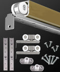 Champagne Gold Box Rail Kit For Sliding Barn Doors featuring heavy duty aluminum track with stainless steel wheels and hardware.