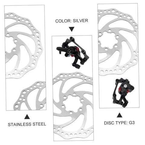 Complete Mechanical Disc Brake Set For Mountain Bikes Featuring Front And Rear 160 Mm Silver Aluminum Rotors dual adjustment calipers, silver stainless steel rotors.