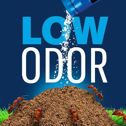 Fire Ant Killer Dust that Kills the Queen and Destroys the Mounds for Outdoor Use with Low Odor Formula showcased with mound and ants.