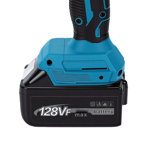 Heavy Duty Cordless Angle Grinder And Mini Circular Saw Pumping 12000 RPM battery showing 128VF max capacity for powerful cuts.