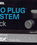 Hella Durable Composite Deck Fixing Plugs Pebble Grey Color One Hundred Count Pro Grade Fascia Board Screw Caps package design with plugs displayed.