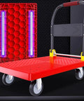 Heavy Duty Multi Purpose Folding Platform Truck Cart With Sturdy Wheels To Easily Roll Your Hefty Gear And Cardboard Boxes Anywhere, red flatbed with 4" wheels.