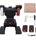Cordless Mini Bench Grinder And Polisher Packing 200 Watt Motor And 7000 RPM With Dual Rechargeable Batteries shown with attachments.
