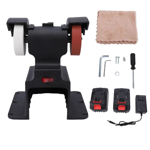Rock Steady Mini Bench Grinder With 200 Watt Motor And 7000 RPM Spin featuring red and white wheels, bolt down base, and accessories.