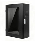 Rock Solid Commercial Grade Wall Mount EV Charger Enclosure Featuring Clear Front Window For Quick Meter Reads And Hella Tough Mechanical Lock Against Vandalism, black steel housing with glass panel.