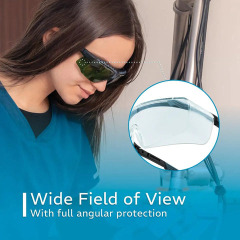 Battle Tested NoIR Laser Safety Glasses Featuring A Hella Comfortable Wraparound Fit For Maximum Ultraviolet And Infrared Eye Protection Laser Grade Durability worn by a woman in a lab setting.