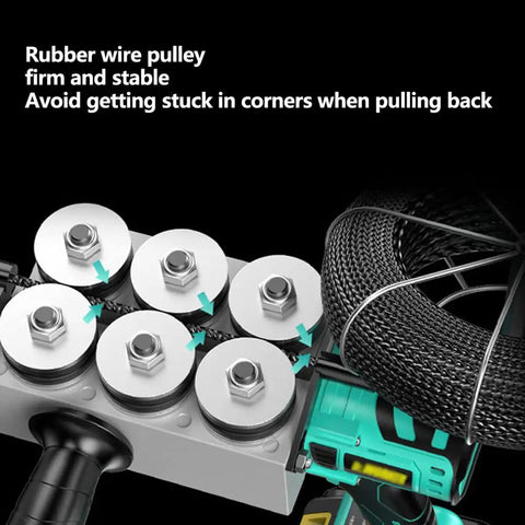 Kickass Cordless Fish Tape Wire Puller For Electricians With High Power Brushless Motor showing rubber wire pulleys and strong grip for cable handling.