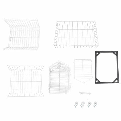Built Tough Five Tier Rolling Wire Display Rack With Heavy Duty Caster Wheels, Angled Mesh Baskets, And Reinforced Steel Frame components, white wire baskets and frame parts.