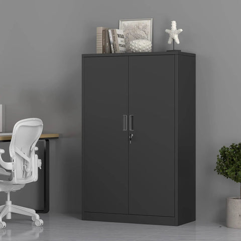 Badass Metal Storage Cabinet With Locking Doors And Three Adjustable Shelves 53 Inch Tall Lockable Steel Cupboard For Garage Home Office Or Pantry Use Black Finish Built Different in modern office setting.