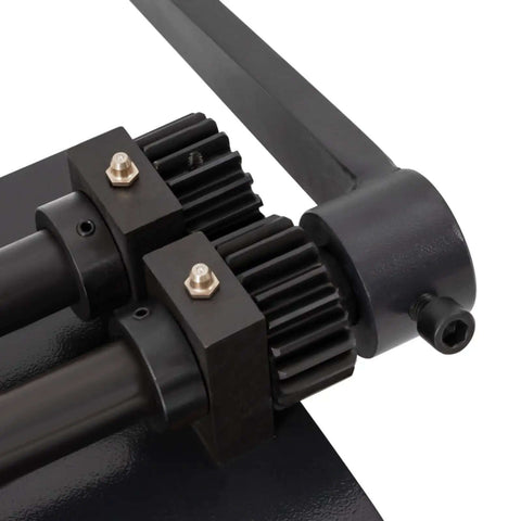 Close-up of hand crank gears on Sheet Metal Bead Roller Machine with Six Die Sets for Fabrication, Adjustable Roller Pressure.