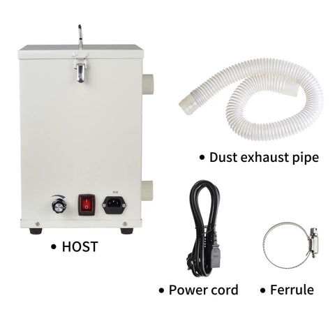 Hella Powerful 1000W Lab Dust Collector showing main unit, dust exhaust pipe, power cord, and ferrule for industrial use.