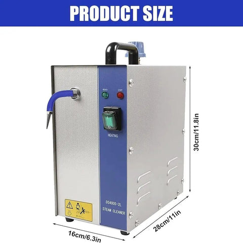 Professional Jewelry Steam Cleaner Machine 2L Capacity Stainless Steel Gem Washer showing control panel and dimensions.