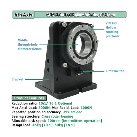 Kickin Serious Torque With This Fourth Axis Electric Rotary Table Featuring A Precision Stepper Motor For Smooth 360 Degree R Axis Turntable Rotation And Heavy Duty Upgrades. CNC motorized hollow rotating platform with 62mm through-hole diameter.