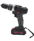 Rock Solid Cordless Drill Driver With 21 Volt Battery And Dual Gear Transmission on a work surface with battery attached.