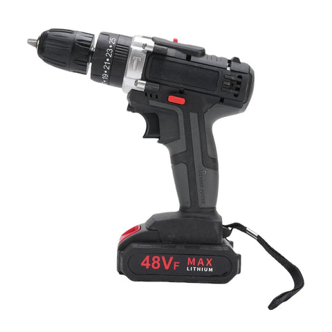 Badass Brushless Cordless Drill Set With A Beefy 350 Watt Motor And Swift 1450Rpm Speed For Straight Up Heavy Duty Wood And Steel Drilling Tasks Plus Twin Batteries And Carry Case side view of cordless drill with lithium battery