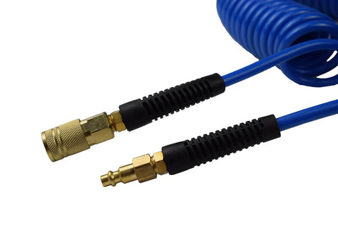 Polyurethane Recoil Air Hose One Quarter Inch Inner Diameter By Twenty Five Feet With Bend Restrictor And Industrial Quick Coupler And Plug Blue