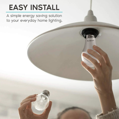 Person installing Super Bright A19 LED Bulbs 100 Watt Equivalent Dimmable 3500K Natural White 1600 Lumens in ceiling fixture