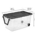 Rugged Pull Along 160 Quart Rolling Storage Tote With Transparent Bottom, 36.75" L, heavy-duty plastic, garage organizer.
