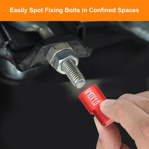 Top Shelf 75 Piece Nut And Bolt Thread Checker Kit With Sae And Metric Identifiers For Coarse And Fine Fasteners, showing red gauge spotting bolt size in tight space.