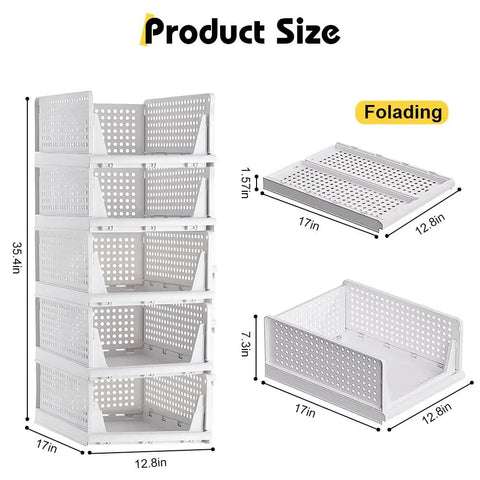 Five Pack Stackable Closet Storage Boxes With Lids, Durable Plastic Drawer Organizers, showing dimensions and folded view