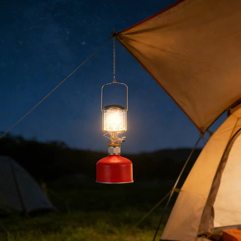Go To Portable Camping Lantern with adjustable brightness hanging in tent with warm glow, copper and stainless steel build