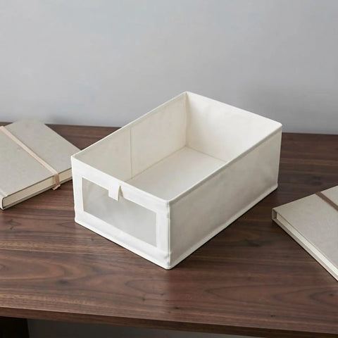 Foldable Linen Closet Organizer Bins Featuring Clear Window And Reinforced Handles Super Slick Cotton Fabric Storage Cubes on wooden table.