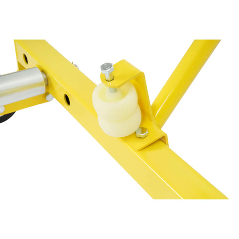 Straight Up Heavy Duty Rolling Tire Dolly Wheel Hauler Cart With Adjustable Three Step Lift detail of yellow roller component.