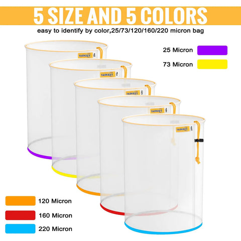 5 Pack All Mesh Filter Bags For 5 Gallon Buckets With 25 73 120 160 220 Micron Nylon Strainers colorful display