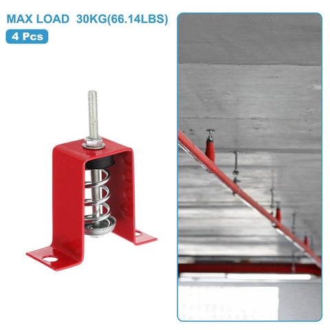 Heavy Duty Ceiling Spring Vibration Isolators 4 Pack Rock Solid Mechanical Mounts Kill Shaky Buzz Hvac Air Handlers Home Studios Red Steel And Rubber Frame 66 Lb Load Rating close-up of red steel mount with spring