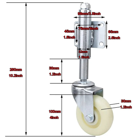 Straight Up Heavy Duty 4 Inch Spring Loaded Gate Casters Rock Solid Nylon Gate Wheels with sizes and detailed measurements.