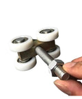 Close-up of tough nylon roller wheel assembly for Rock Solid Heavy Duty Sliding Door Pulley System.