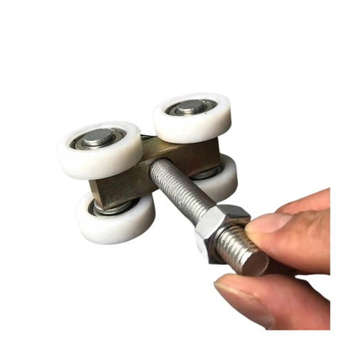 Close-up of tough nylon roller wheel assembly for Rock Solid Heavy Duty Sliding Door Pulley System.