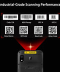 Rugged Android 15 Barcode Scanner With Slick 6 Inch Touchscreen 8 GB Ram 256 GB Storage Heavy Duty Handheld Pda scanning various barcodes.