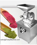 All In One Flour Mill Plant And Grain Grinder For Rice Wheat Atta Chakki Milling With No Fuss Spice Seed Dry Grinder Capability For Home And Small Farms, showing metal grinder with green and pink powder.
