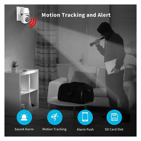Smooth Running 1080P HD WiFi IP Camera With Badass Video Quality monitoring a dark room with a person in a hoodie holding a flashlight.