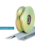 Side view of 4 Inch V Groove Wheel With Double Bearings For Inverted V Track Gate Caster, Rolling Gate Wheel, galvanized finish on track