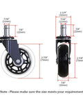 Heavy Duty 3 Inch Swivel Caster Wheels With Soft Rubber Tread Quiet Rolling Twin Design For Office Chairs Rolls Like A Dream Smooth Operator showing dimensions and side view.