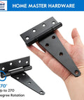 Heavy Duty Six Inch T Strap Gate Hinges Black Six Pack With Complete Hardware Set For Quick Install shown in hand for size reference.