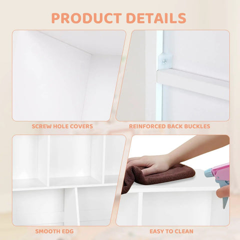Detailed view of Totally Kid Approved Bookshelf And Storage Organizer For Playroom with screw hole covers and reinforced back bucks.