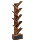 Dope Vintage Tree Bookshelf With Nine Shelves And Side Drawer, Solid Wooden Corner Storage Rack For Books Vinyl Records Decor, Rustic Brown Shelf Vibe Straight Fire Display For Your Chill Space, tall with black drawer.