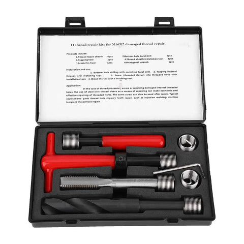 Premium M16x2 Thread Repair Kit Stainless Steel 11 Pcs in black case with tools for fixing damaged threads in auto parts