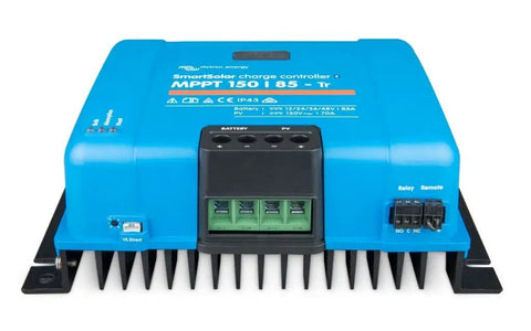 SmartSolar MPPT Tr VE 150V 85A Solar Charge Controller With Bluetooth For 12 24 36 48V Systems Top Tier Efficiency Battery Harvest Fast MPPT Tracking Ideal For Off Grid RV And Marine Power, shown in blue with connector ports visible.