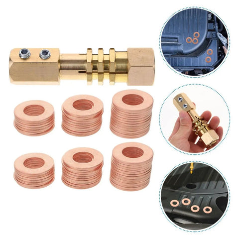 Copper Crush Gasket Washers Kit For Automotive And Sheet Metal Repairs 200 Pcs Flat Sealing Washers with tool and usage examples