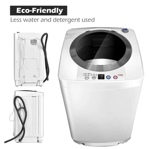 Full Automatic Portable Washer And Dryer Combo Featuring Built In Pump Drain 8 Lbs Compact Laundry Spin Dryer top view and back detail.