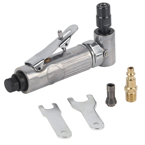Rock Solid All Copper Pneumatic Die Grinder Featuring Ninety Degree Angled Shaft At Two Thousand RPM Speed with accessories.