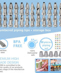 Numbered pro-grade stainless steel piping tips from 345 Piece Cake Decorating Set with storage box.
