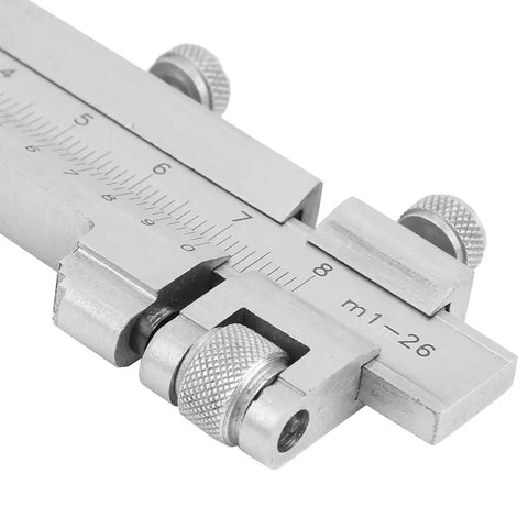 Close-up of Heavy Duty Stainless Steel Vernier Caliper Built To Crush Tough Precision Jobs, featuring dual slide scales.