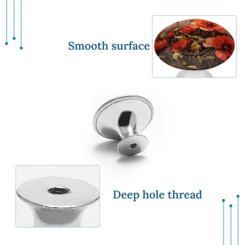 Two Pack Stainless Steel Cabinet Knobs With Bold Red Floral Prints Tough As Nails Drawer Pulls Super Solid Feel Easy Setup To Absolutely Transform Your Kitchen Or Closet Space showing smooth surface and deep hole thread.